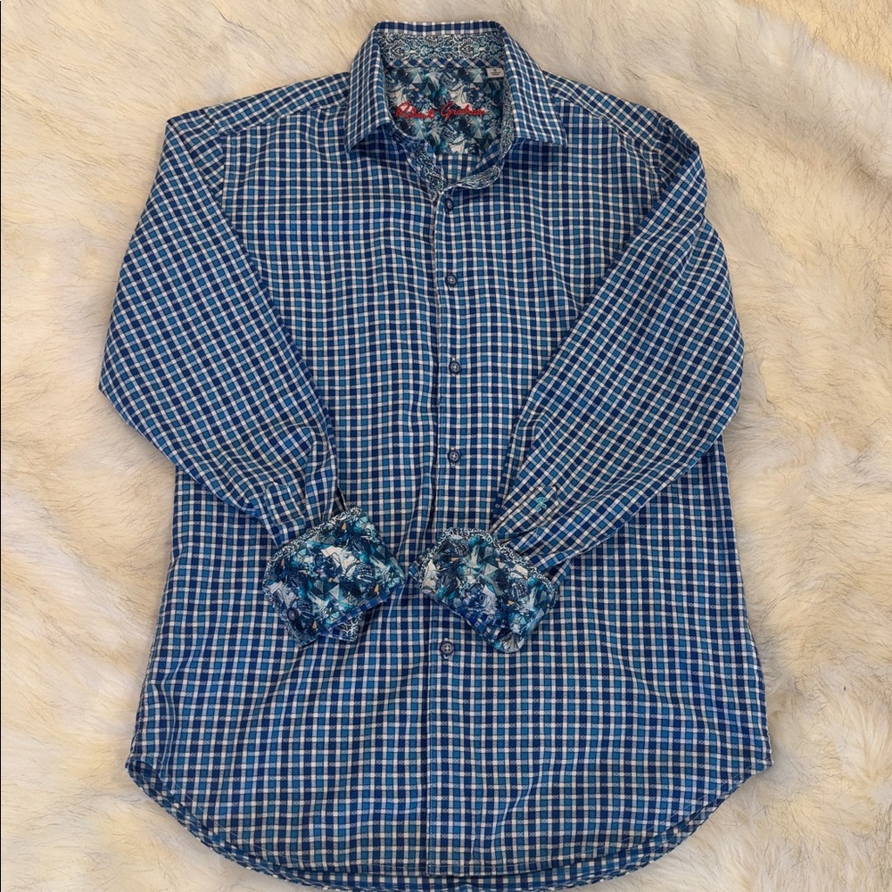 Robert Graham Blue Plaid Button-Down Shirt with stylish trim inside and on cuffs